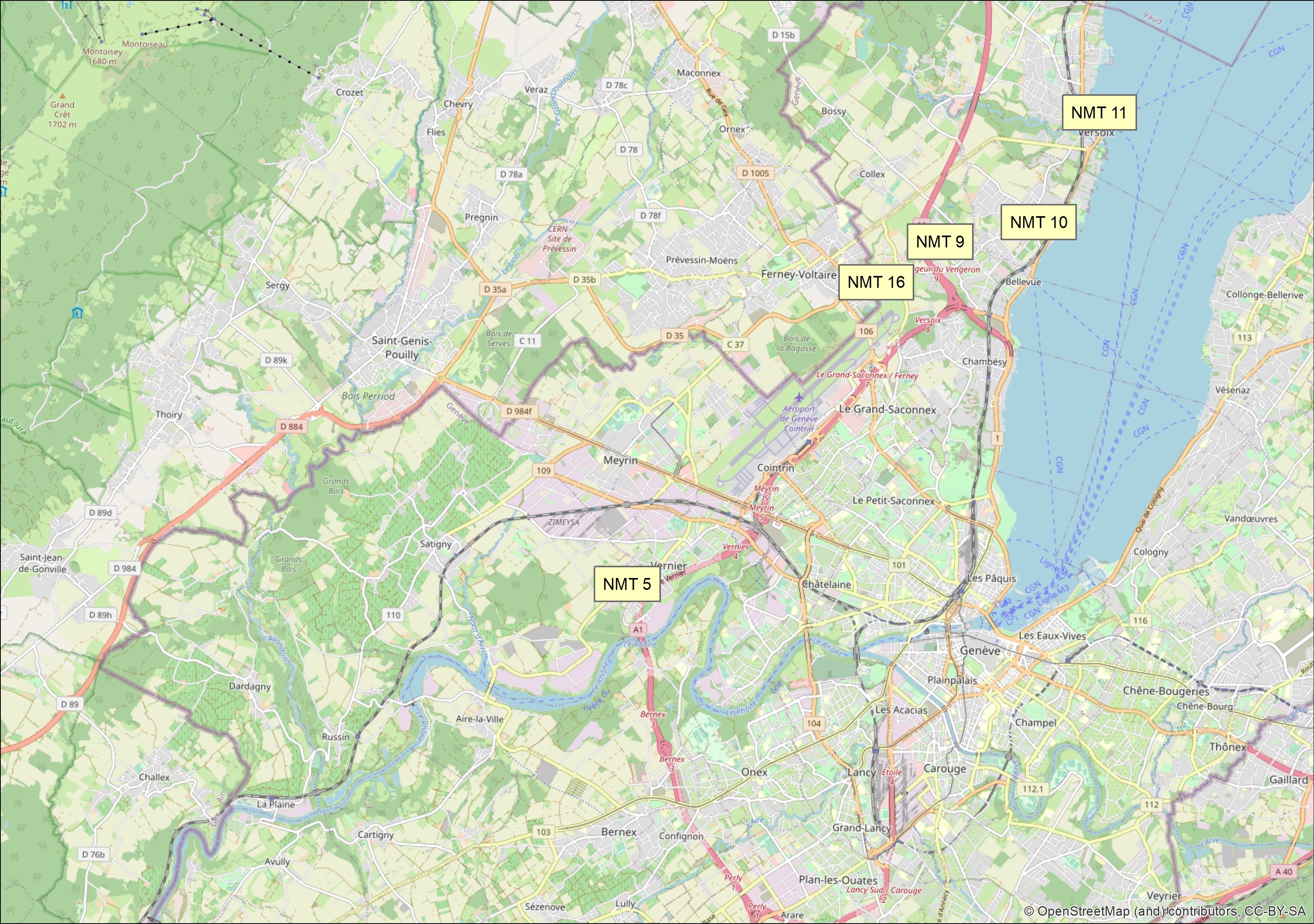 Emplacement des stations de mesure acoustique fixes (NMT), état 2016